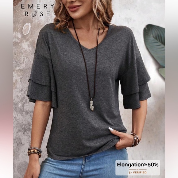 Women's Gray V-Neck Layered Sleeve Top - Picture 2 of 8